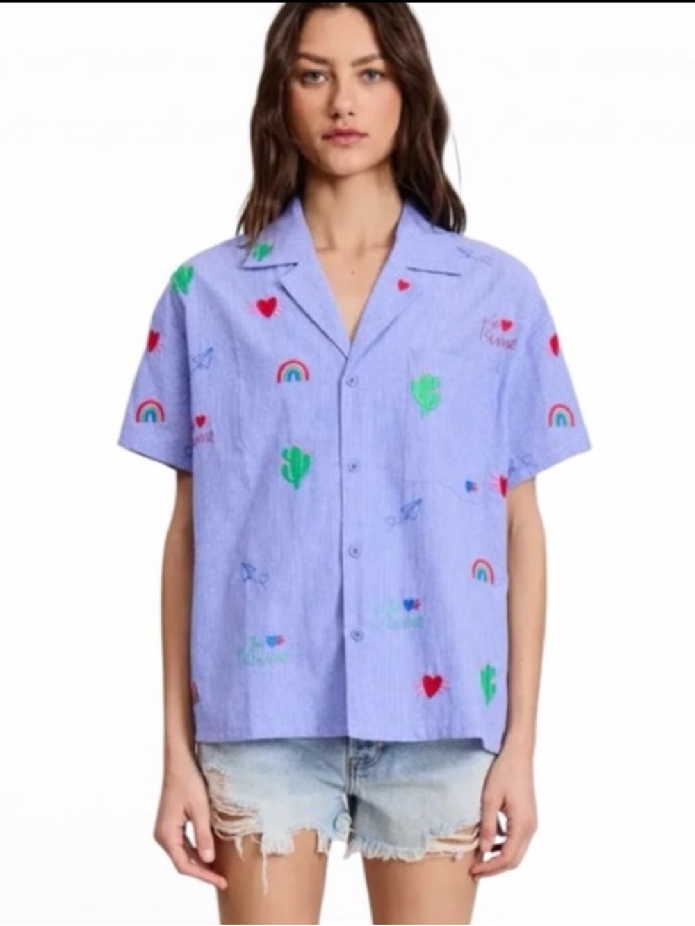 Flat White Taylor Woven Embroidered Short Sleeved Button Down Shirt